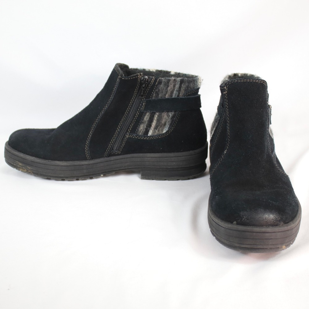 Earth Origins Black Suede Wool Trim Side Zip Buckle Ankle Boots Women's Size 10M - Picture 2 of 9